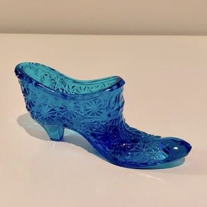 Vintage Fenton Daisy Glass Blue Slipper Trinket Dish Vase